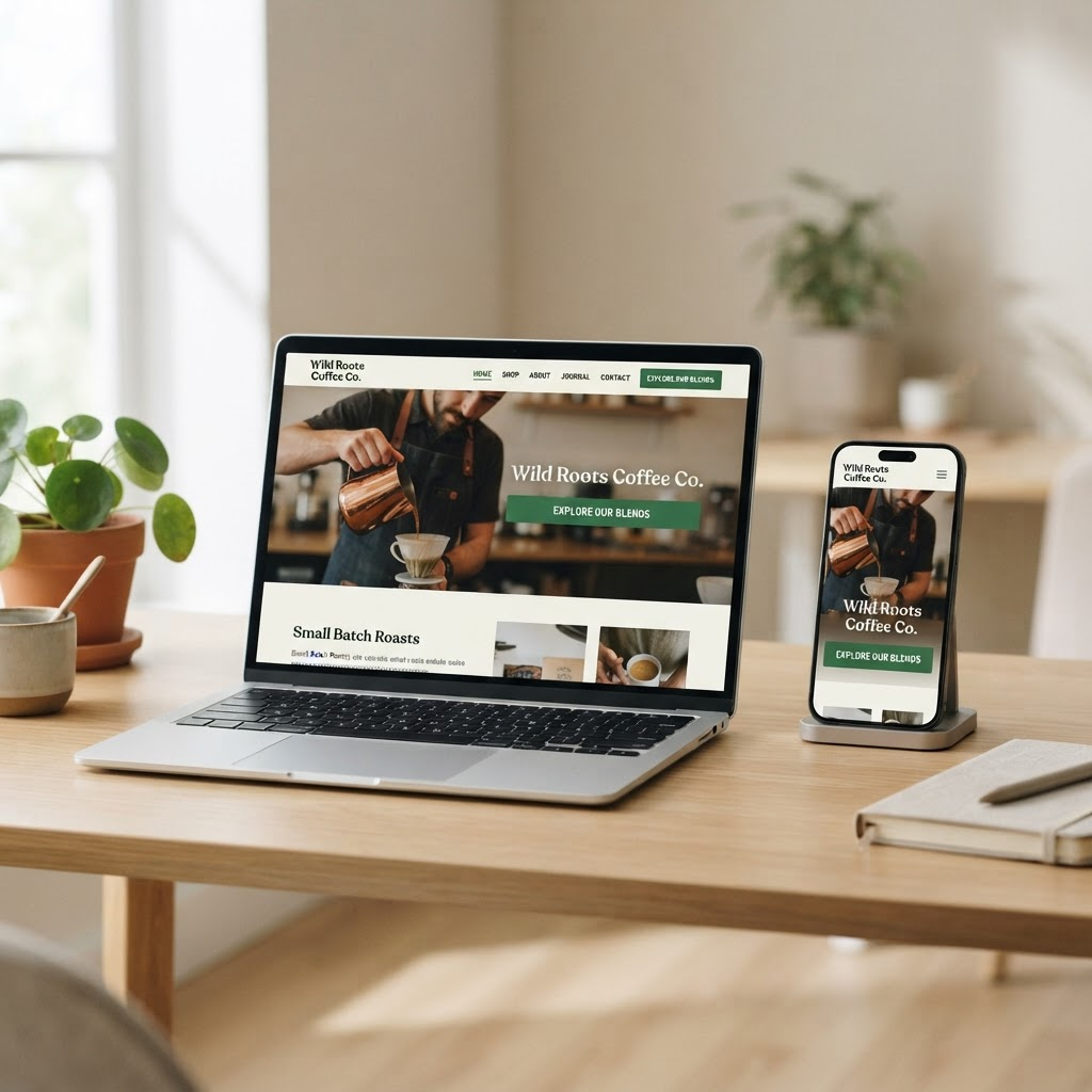 A professional business website displayed on a laptop and phone